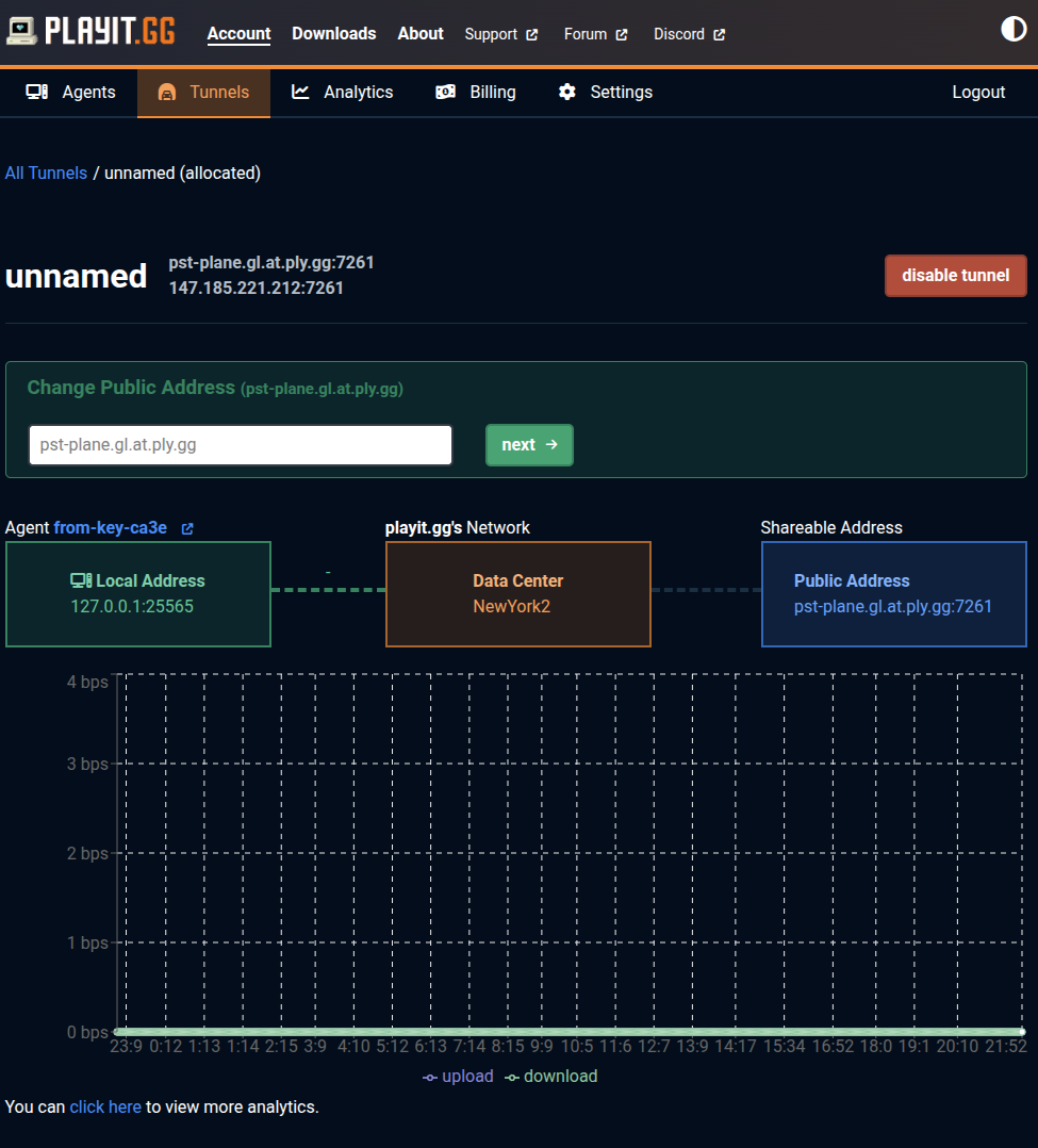 PlayIt: Showing Playit agent and client connection to PlayIt servers